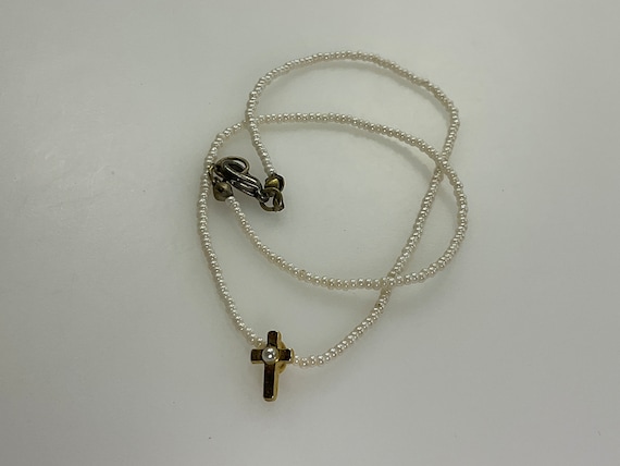 Vintage 15” Necklace Gold Toned Cross With White … - image 1