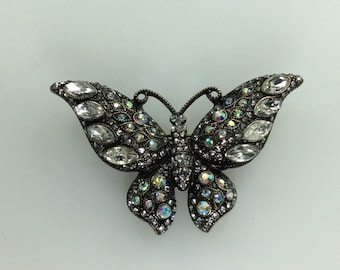 Vintage Pin Brooch Brass Toned Butterfly With Clear And AB Rhinestones Old Stock