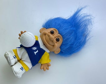 Vintage Russ Troll Doll Figurine 1980s Volleyball Player Blue White Yellow Used