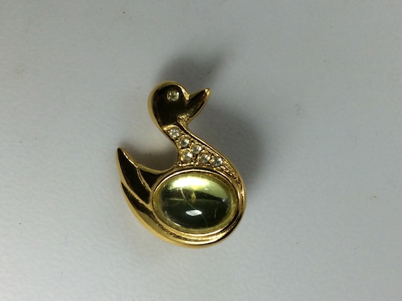 Vintage Pin Brooch Gold Toned Swan Duck With Gree… - image 1