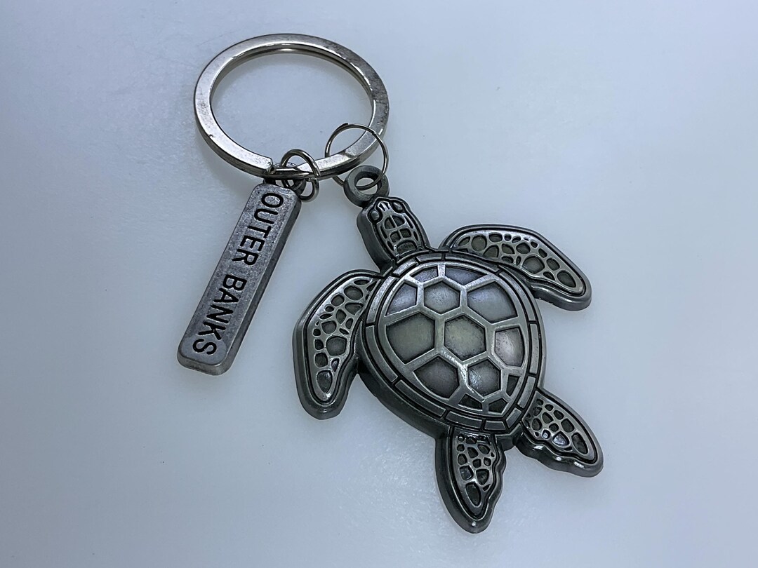 Vintage Souvenir Keychain Pewter Toned Sea Turtle and Outer Banks Used