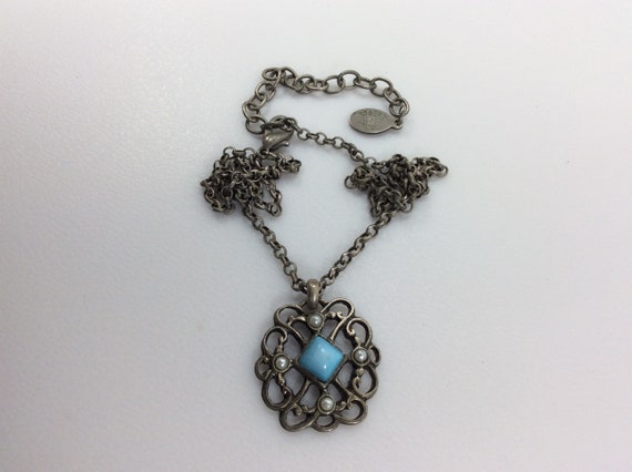 Vintage Robert Rose 1416 Necklace Pewter Toned Rectangle Floral Design With Faux Pearls and Blue Stone Used Etsy