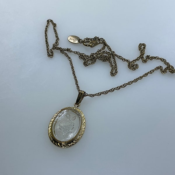 Vintage Park Lane 18” Necklace Gold Toned Oval Clear Glass Rose Intaglio Used