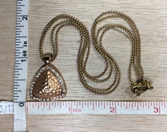 Vintage Treselle 15" Copper Brass Toned Rhinestone Triangular Necklace Used