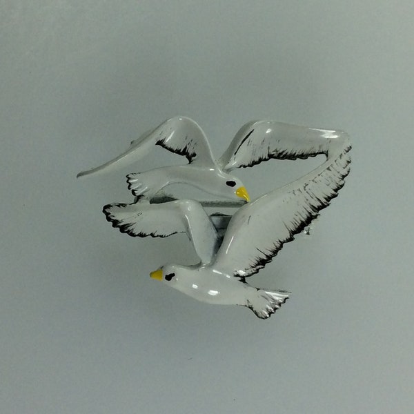 Vintage Pin Brooch Seagulls White Black Yellow Enamel Used