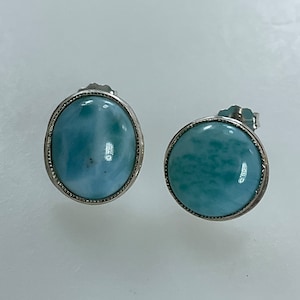 Vintage Stud Earrings Sterling Silver 925 Mismatched Oval And Round Larimar Stone Used