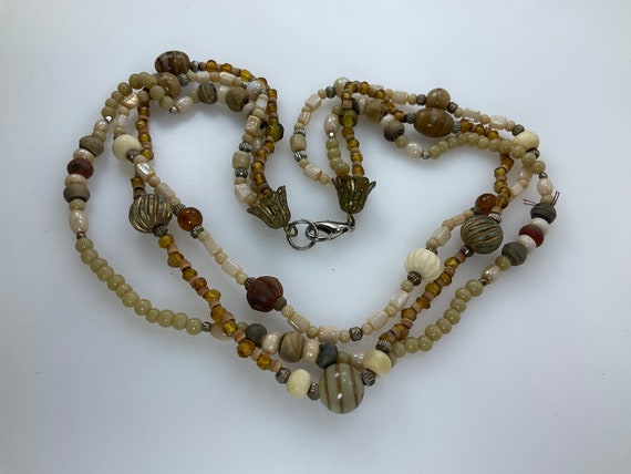Vintage 18” Necklace 3 Strands With Brown Cream A… - image 1