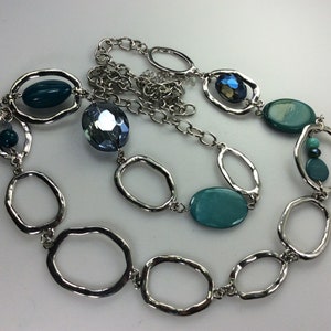 Vintage 37&quot;-40&quot; Necklace Silver Toned With AB Blue Crystal Faux Turquoise And Shell Beads Used