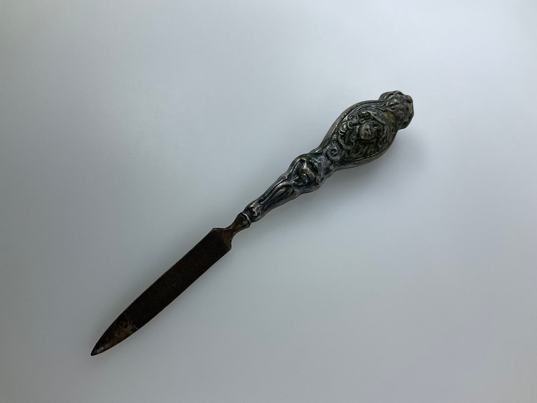 Vintage Nail File Silver Toned Goddess Handle Some Corrosion Needs