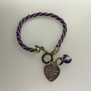 Vintage 8” Bracelet Silver Toned With Heart Ribbon Together We Can Make A Difference Purple Used