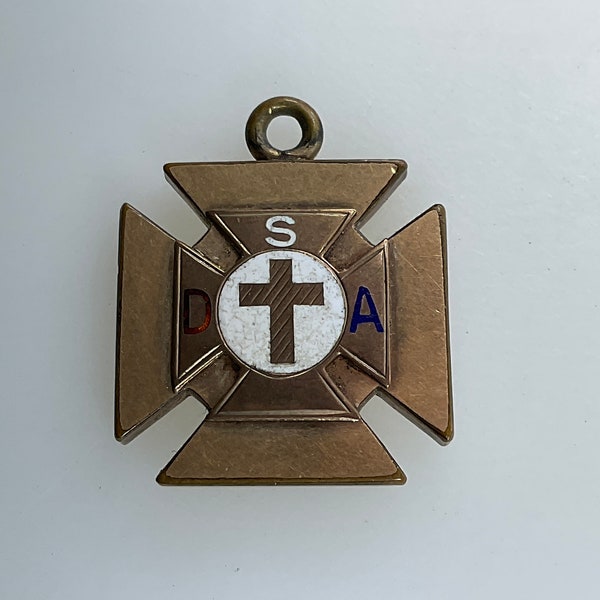 Vintage Charm Gold Toned Cross With SDA Red White Blue Enamel Used