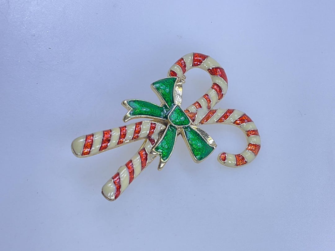 Vintage Pin Brooch Gold Toned Candy Canes With Bow Red Green White ...