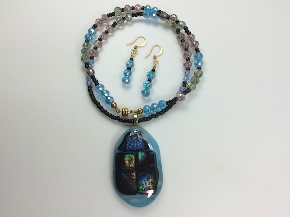 Vintage 20" Necklace Earrings Set Rainbow Dichroi… - image 1