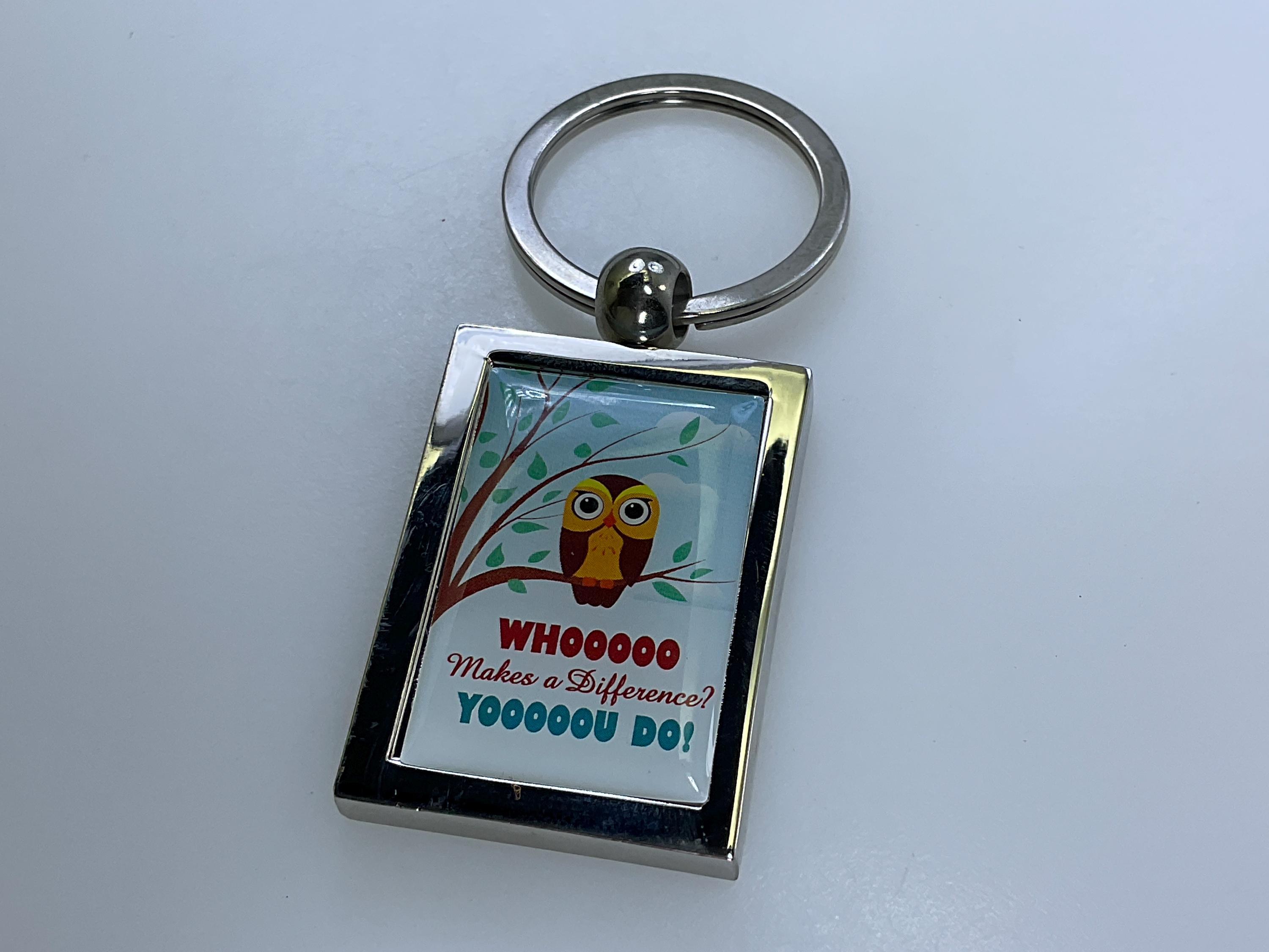 Vintage Keychain Silver Toned Rectangle With Owl Whooooo Makes A Difference Yooooou Do Blue Brown Wh