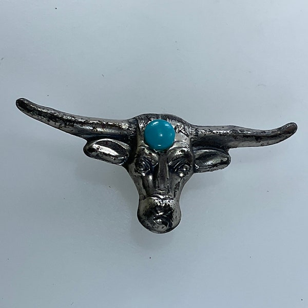 Vintage Bolo Slide Silver Toned Long Horn With Blue Stone Needs Cleaned Used