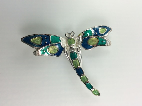 Vintage Pin Brooch Silver Toned Dragonfly With Blue and Green