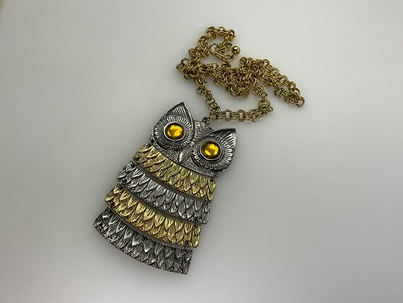 Vintage 21” Necklace Silver Gold Toned Owl Design… - image 1