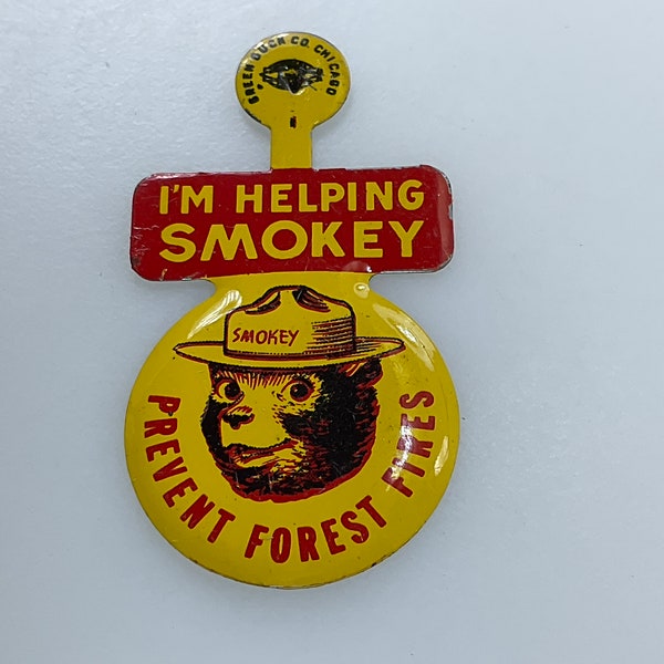 Vintage Pin Smokey Bear I’m Helping Smokey Prevent Forest Fires Yellow Red Black Old Stock