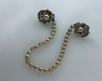 Vintage Sweater Clips Silver Toned Flower With Faux Pearls And Beads Shows Wear Used