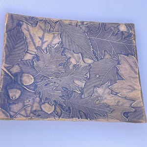 May include: A rectangular, ceramic tray with a detailed relief pattern of leaves and acorns. The tray has a light brown base color with a darker, blue-gray overlay that highlights the leaf and acorn details. The edges of the tray are slightly raised.