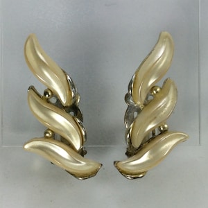 Vintage Clip On Earrings Gold Toned  Leaves Design With Pearly Stones Used