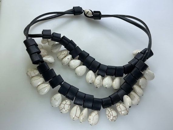 Vintage 18” Necklace 2 Strands Faux Black Leather… - image 1