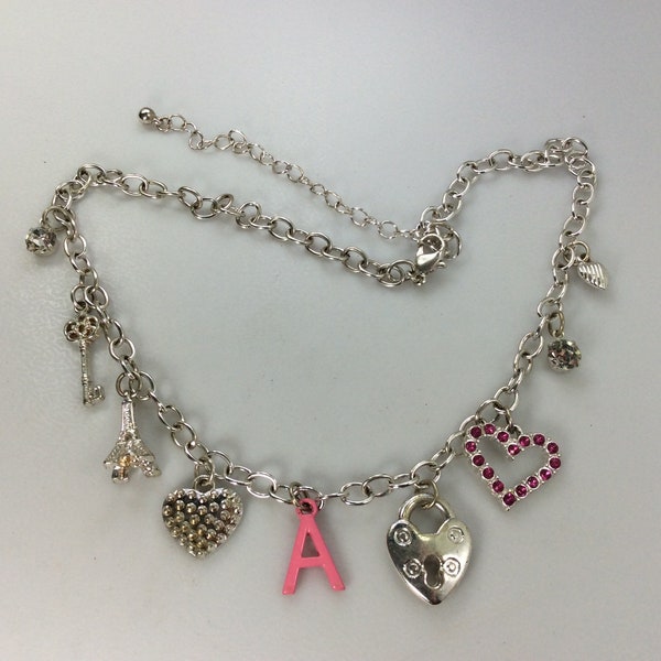 Vintage 16"-19" Necklace Silver Toned With Hearts Eiffel Tower Lock Letter A Pink Clear Rhinestones Used