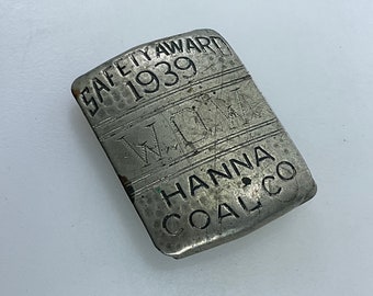 Vintage Giant Grip Belt Buckle Solid Monel Rectangle Safety Award 1939 Hanna Coal Co Engraved WOW Used