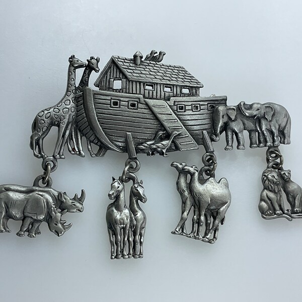 Vintage JJ Pin Brooch Pewter Noahs Ark With Animal Dangles Used