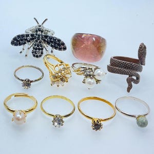 May include: A collection of rings and a brooch. The rings include a gold band with a pearl, a gold band with a clear stone, a gold band with a brown stone, and a silver band with a green stone. There is also a pink glass ring, a snake ring, and a bee brooch.