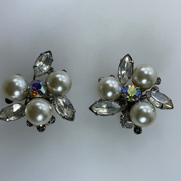 Vintage Judy Lee Clip On Earrings Silver Toned Floral With AB Clear Rhinestones And Faux Pearls Used