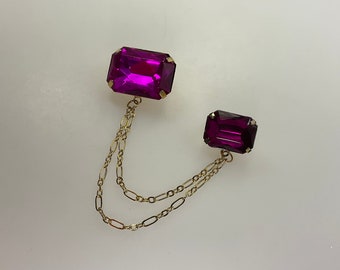 Vintage Pin Brooch Set Gold Toned Chained Rectangles With Magenta Pink Rhinestones Used