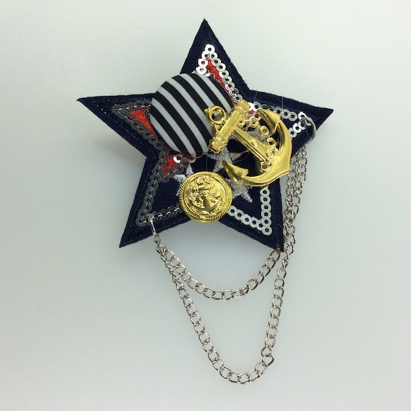 Vintage Pin Brooch Navy Blue Star Design With Gold Toned Anchors Stars Black And White Button Old Stock