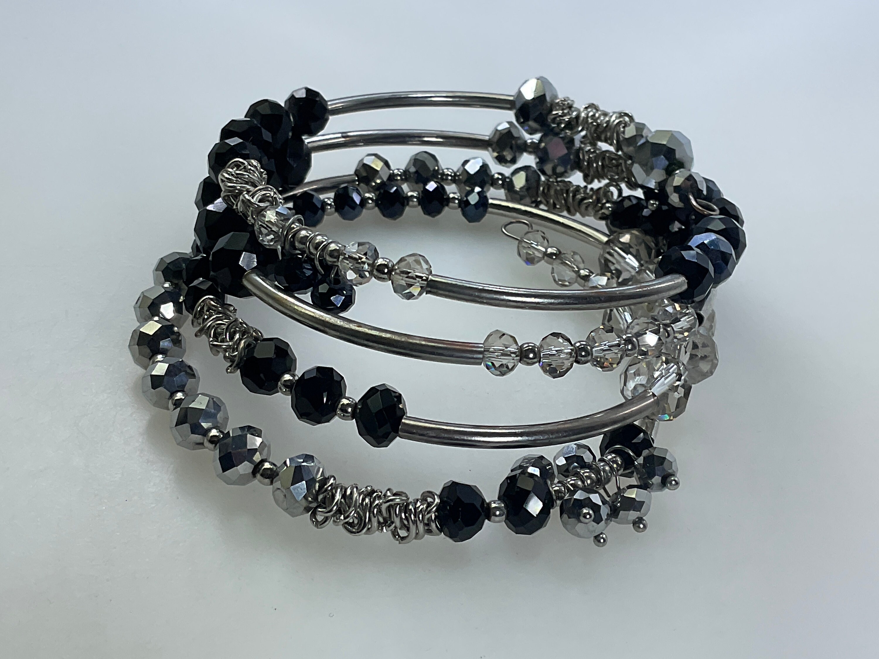 Vintage 8” Bracelet Wire With Silver Toned Black And Clear Beads Used