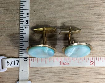 Vintage Gold Toned Blue Mother Of Pearl Cuff Links Used