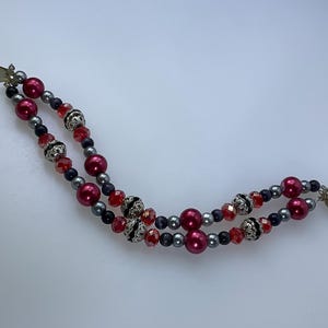 Vintage 8” Bracelet 2 Strands With Beads And Rhinestones Red Black Silver Gray Burgundy Used