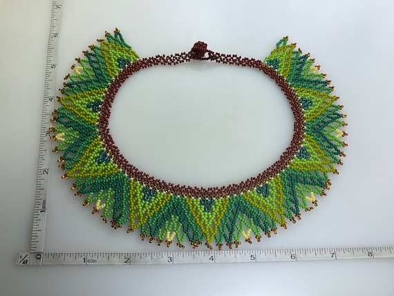 Vintage 16” Necklace Seed Bead Design Green Orang… - image 2