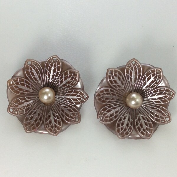 Vintage Clip On Earrings Taupe Flower Design With Faux Pearl Used