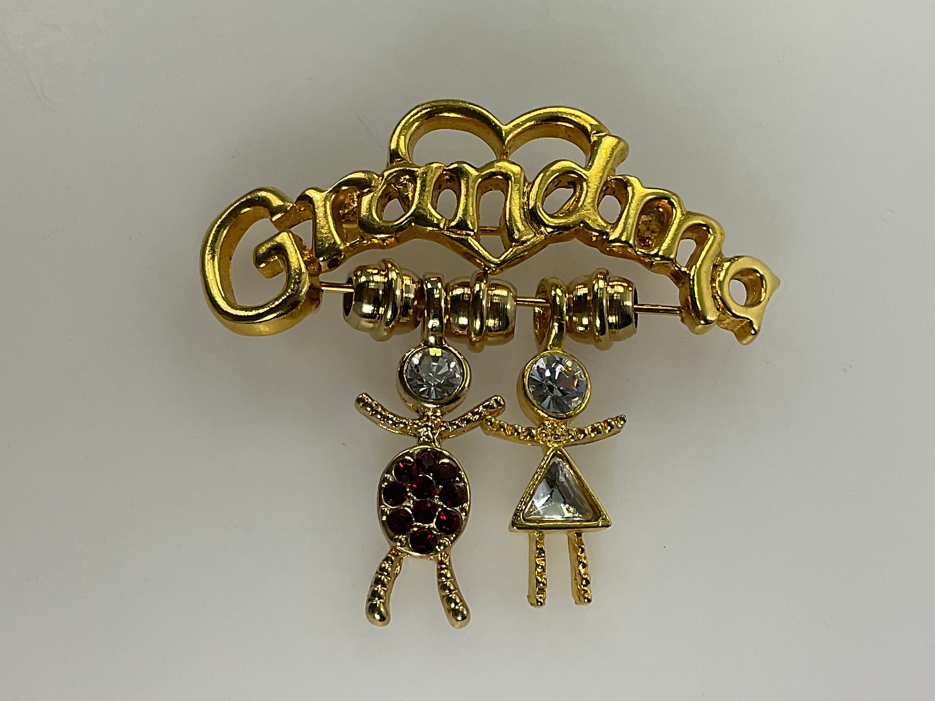 Vintage Pin Brooch Gold Toned Grandma Boy Girl With Red and Clear