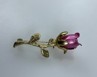 Vintage Pin Brooch Gold Toned Pink Rose Design Used