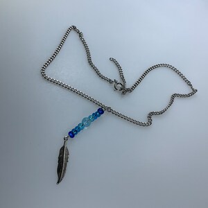 Vintage 14”-16” Necklace Silver Toned Chain With Feather And Blue Beads Used