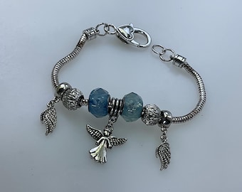 Vintage 8” Bracelet Silver Toned Chain With Angel Wings And Blue Glass Beads Used