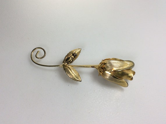 Vintage Pin Brooch Gold Toned Textured Rose Flowe… - image 1