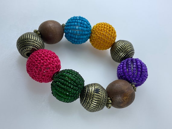 Vintage 7” Bracelet With Brass Toned Crocheted An… - image 1