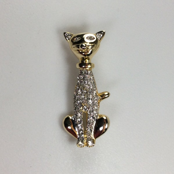 Vintage Pin Brooch Gold Toned Kitty Cat With Clear Rhinestones Used