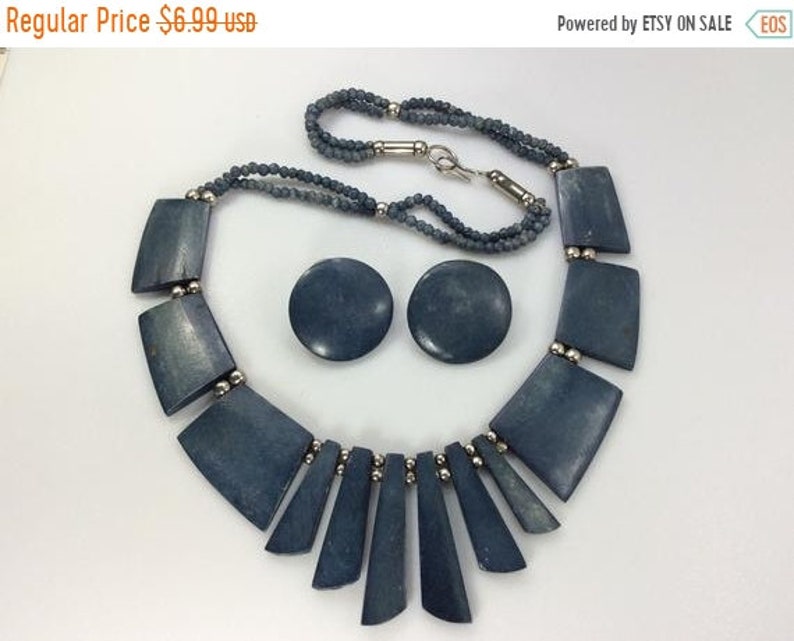 10off3daySALE Vintage 20 Necklace Post Earrings Set Silver Toned Bib Style With Blue Bone Beads Used