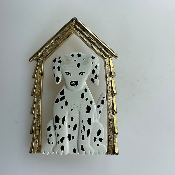 Vintage JJ Pin Brooch Gold Toned Dalmatian Dog In Doghouse With White And Black Enamel Used