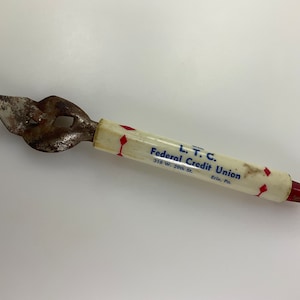 Vintage Can Opener Advertising LTC Federal Credit Union Erie Pa White Red Blue Rusty Used