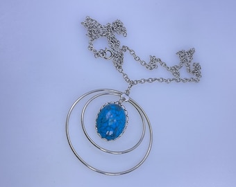 Vintage 23” Necklace Silver Toned Circles With Oval Faux Turquoise Used
