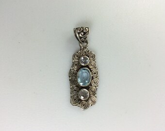 Vintage Pendant Sterling Silver 925 Rectangle Design With Spirals And Blue Topaz Used